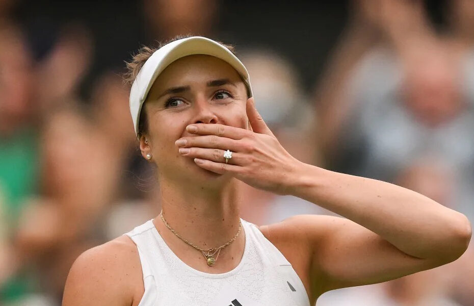 Ukraine's Elina Svitolina blows a kiss as she celebrates winning against Poland's Iga Swiatek during their women's singles quarter-finals tennis match on the ninth day of the 2023 Wimbledon Championships at The All England Tennis Club in Wimbledon, southwest London, on July 11, 2023. (Photo by DANIEL LEAL/AFP via Getty Images)